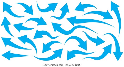 Set of curved arrows isolated on white background. Curved arrows, hand drawn curved arrows. Set long blue curve arrow icon vector . blue curve arrow icon set. long arrow icon set. curve arrow vector.