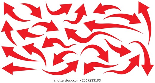 Set of curved arrows isolated on white background. Curved arrows, hand drawn curved arrows. Set of long Red curve arrow icon vector. Red curve arrow icon set. long arrow icon set. curve arrow vector.