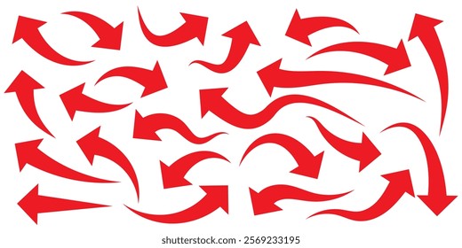 Set of curved arrows isolated on white background. Curved arrows, hand drawn curved arrows. Set of long Red curve arrow icon vector. Red curve arrow icon set. long arrow icon set. curve arrow vector.