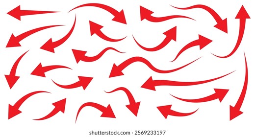 Set of curved arrows isolated on white background. Curved arrows, hand drawn curved arrows. Set of long Red curve arrow icon vector. Red curve arrow icon set. long arrow icon set. curve arrow vector.