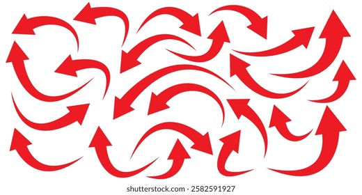 Set of curved arrows isolated on white background. Curved arrows, hand drawn curved arrows. Collection of pointers. Red long curve arrow icon vector set, 