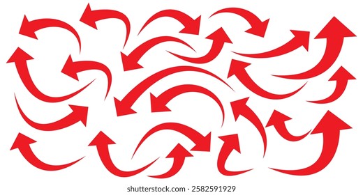 Set of curved arrows isolated on white background. Curved arrows, hand drawn curved arrows. Collection of pointers. Red long curve arrow icon vector set, 