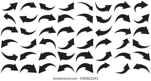 Set of curved arrows isolated on white background. Curved arrows, hand drawn curved arrows. Set long black curve arrow icon vector . black curve arrow icon set. curve arrow vector.