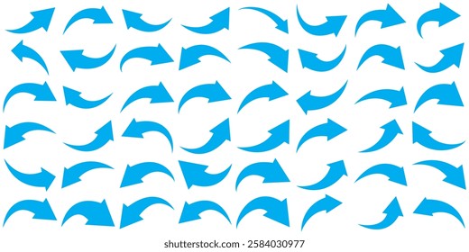 Set of curved arrows isolated on white background. Curved arrows, hand drawn curved arrows. Set long blue curve arrow icon vector . blue curve arrow icon set. long arrow icon set. curve arrow vector.