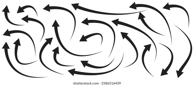 Set of curved arrows isolated on white background. Curved arrows, hand drawn curved arrows. Set long black curve arrow icon vector . black curve arrow icon set. long arrow icon set. curve arrow icon