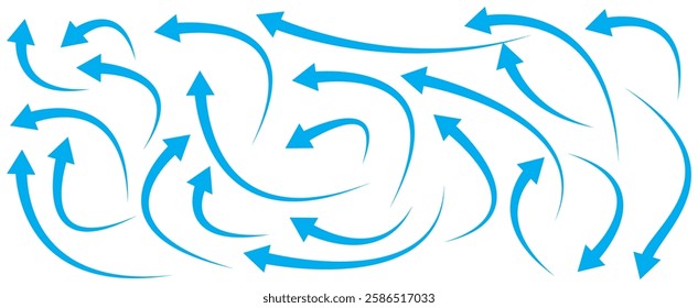 Set of curved arrows isolated on white background. Curved arrows, hand drawn curved arrows. Set long blue curve arrow icon vector . blue curve arrow icon set. long arrow icon set. curve arrow vector.