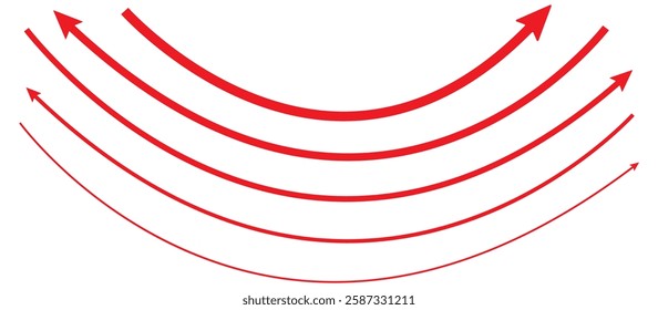 Set of curved arrows isolated on white background. Curved arrows, hand drawn curved arrows. red curve arrow icon vector illustration. wavy curved Long arrow icon. long line arrow vector. Red Arrow 