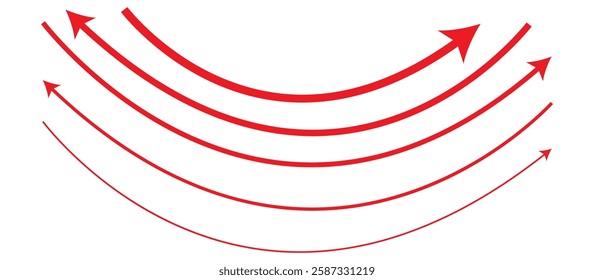 Set of curved arrows isolated on white background. Curved arrows, hand drawn curved arrows. red curve arrow icon vector illustration. wavy curved Long arrow icon. long line arrow vector. Red Arrow 