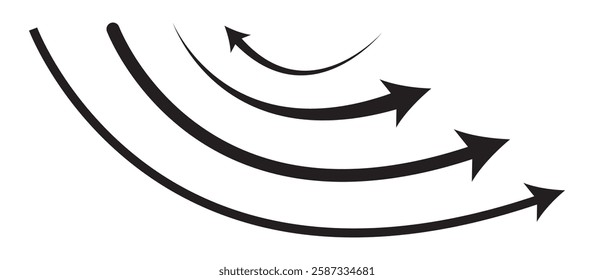 Set of curved arrows isolated on white background. Curved arrows, hand drawn curved arrows. Black curve arrow icon vector illustration. Black curve wave arrow icon vector set. 