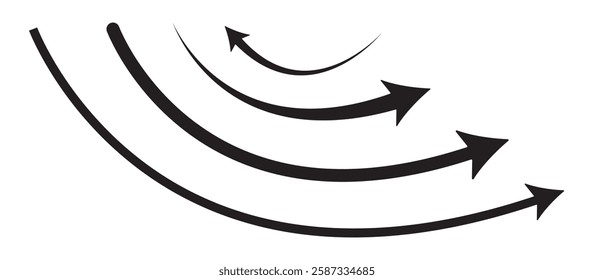 Set of curved arrows isolated on white background. Curved arrows, hand drawn curved arrows. Black curve arrow icon vector illustration. Black curve wave arrow icon vector set. 