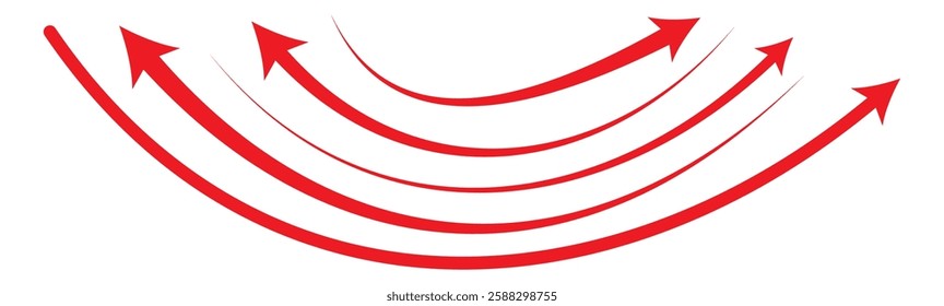 Set of curved arrows isolated on white background. Curved arrows, hand drawn curved arrows. Set of long Red curve arrow icon vector. Red curve arrow icon set. long arrow icon set. curve arrow vector.