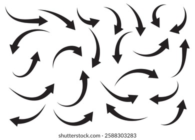 Set of curved arrows isolated on white background. Curved arrows, hand drawn curved arrows. Collection of pointers. Vector illustration