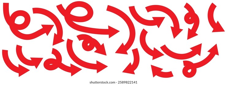 Set of curved arrows isolated on white background. Curved arrows, hand drawn curved arrows. Collection of pointers. Vector illustration