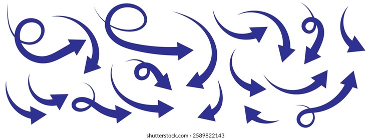 Set of curved arrows isolated on white background. Curved arrows, hand drawn curved arrows. Collection of pointers. Vector illustration