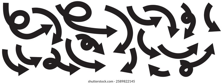 Set of curved arrows isolated on white background. Curved arrows, hand drawn curved arrows. Collection of pointers. Vector illustration