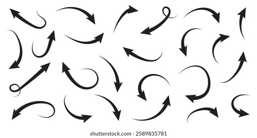 Set of curved arrows isolated on white background. Curved arrows, hand drawn curved arrows. Set long blue curve arrow icon vector . blue curve arrow icon set. long arrow icon set. curve arrow vector.