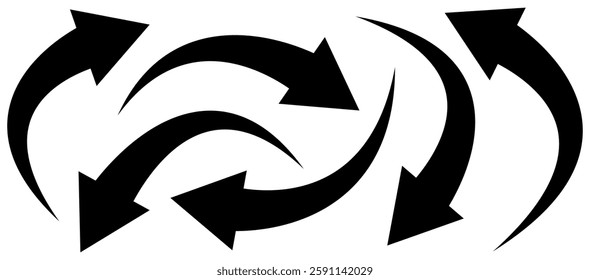 Set of curved arrows isolated on white background. Curved arrows, hand drawn curved arrows. Collection of pointers. Vector illustration