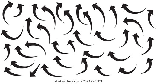 Set of curved arrows isolated on white background. Curved arrows, hand drawn curved arrows. Collection of pointers. Vector illustration