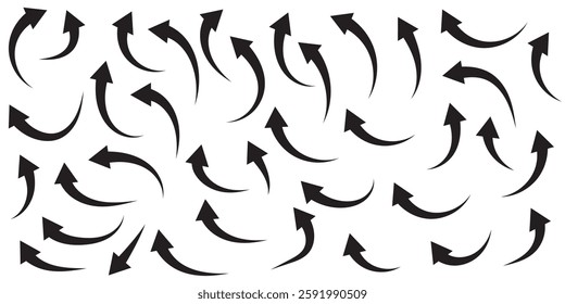 Set of curved arrows isolated on white background. Curved arrows, hand drawn curved arrows. Collection of pointers. Vector illustration