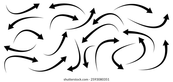 Set of curved arrows isolated on white background. Curved arrows, hand drawn curved arrows. Set long black curve arrow icon vector . black curve arrow icon set. long arrow icon set. curve arrow icon