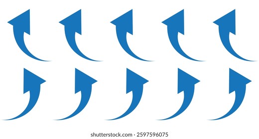 Set of curved arrows isolated on white background. Curved  arrows. Set long blue curve arrow icon vector . blue curve arrow icon set. long arrow icon set. curve arrow vector. design eps 10 
