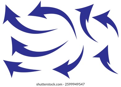 Set of curved arrows isolated on white background. Curved arrows, hand drawn curved arrows. Collection of pointers. Vector illustration.