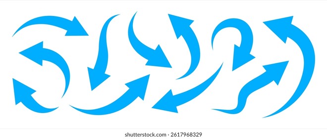 Set of curved arrows isolated on white background. Curved arrows, hand drawn curved arrows. Set long blue curve arrow icon vector . blue curve arrow icon set. long arrow icon set. curve arrow vector i