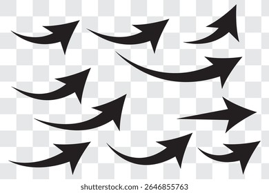 Conjunto de flechas curvas aisladas sobre fondo blanco. Flechas curvas, flechas curvas dibujadas a mano. Colección de punteros. Ilustración vectorial.