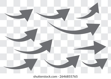 Conjunto de setas curvas isoladas no fundo branco. Setas curvas, setas curvas puxadas à mão. Coleção de indicadores. Ilustração vetorial.