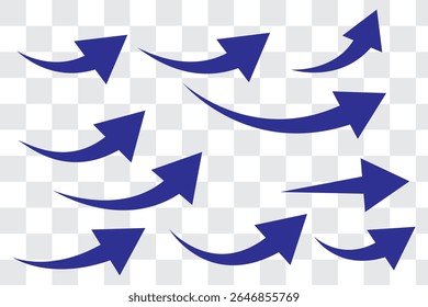 Conjunto de setas curvas isoladas no fundo branco. Setas curvas, setas curvas puxadas à mão. Coleção de indicadores. Ilustração vetorial.