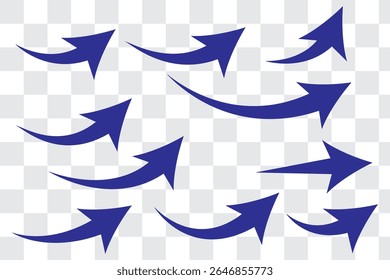 Conjunto de setas curvas isoladas no fundo branco. Setas curvas, setas curvas puxadas à mão. Coleção de indicadores. Ilustração vetorial.