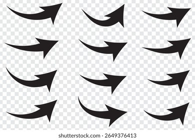 Set of curved arrows isolated on  transparent background. Curved arrows, hand drawn curved arrows. Curve arrow vector.