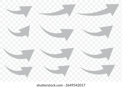 Set of curved arrows isolated on white background. Curved arrows, hand drawn curved arrows. Set long blue curve arrow icon vector. Gray arrows icon vector set. Bold arrow symbol curved flat design.
