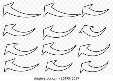 Set van gebogen pijlen geïsoleerd op een witte achtergrond. Gekromde pijlen, met de hand getrokken gekromde pijlen. Stel de vector van het pictogram van de pijl voor de lange blauwe curve in. Grijze pijlen pictogram vector set. Vetgedrukte pijl symbool gebogen plat ontwerp.