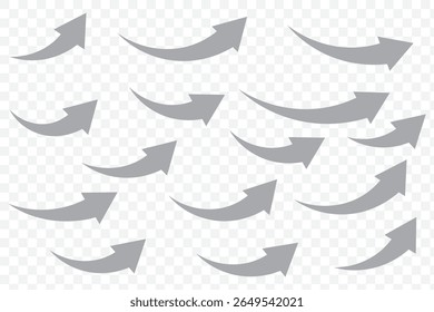 Set van gebogen pijlen geïsoleerd op een witte achtergrond. Gekromde pijlen, met de hand getrokken gekromde pijlen. Stel de vector van het pictogram van de pijl voor de lange blauwe curve in. Grijze pijlen pictogram vector set. Vetgedrukte pijl symbool gebogen plat ontwerp.