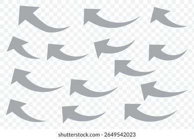 Set van gebogen pijlen geïsoleerd op een witte achtergrond. Gekromde pijlen, met de hand getrokken gekromde pijlen. Stel de vector van het pictogram van de pijl voor de lange blauwe curve in. Grijze pijlen pictogram vector set. Vetgedrukte pijl symbool gebogen plat ontwerp.