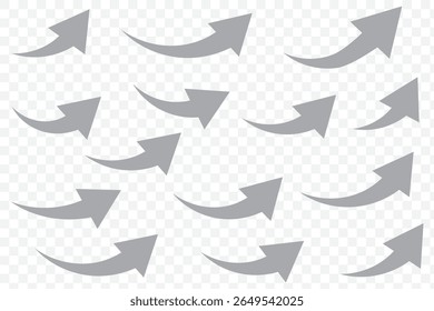 Set van gebogen pijlen geïsoleerd op een witte achtergrond. Gekromde pijlen, met de hand getrokken gekromde pijlen. Stel de vector van het pictogram van de pijl voor de lange blauwe curve in. Grijze pijlen pictogram vector set. Vetgedrukte pijl symbool gebogen plat ontwerp.