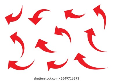Set of curved arrows isolated on white background. Curved arrows, hand drawn curved arrows. Set long red curve arrow icon vector .red curve arrow icon set. long arrow icon set. curve arrow vector.