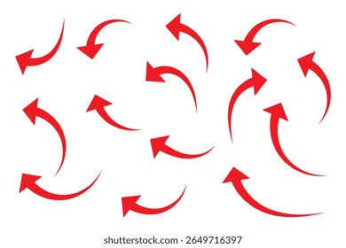 Set of curved arrows isolated on white background. Curved arrows, hand drawn curved arrows. Set long red curve arrow icon vector .red curve arrow icon set. long arrow icon set. curve arrow vector.