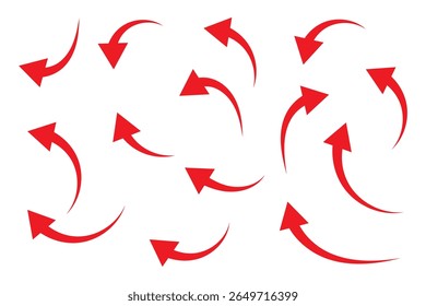 Set of curved arrows isolated on white background. Curved arrows, hand drawn curved arrows. Set long red curve arrow icon vector .red curve arrow icon set. long arrow icon set. curve arrow vector.