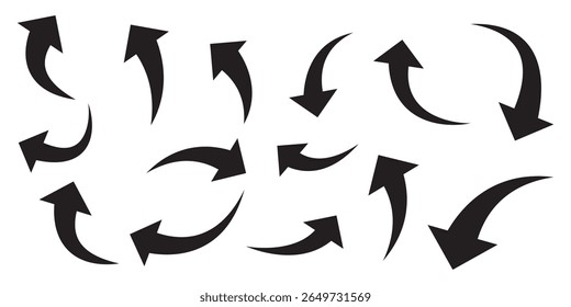 Conjunto de flechas curvas aisladas sobre fondo blanco. Flechas curvas, flechas curvas dibujadas a mano. Vector Conjunto de iconos de flecha de curva negra larga. conjunto de iconos de flecha de curva negra. conjunto de iconos de flecha larga. Vector de flecha de curva