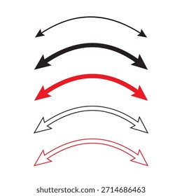 Conjunto de flechas curvas aisladas sobre fondo blanco. Flechas curvas. Conjunto de Vector de icono de flecha de curva larga . Conjunto de iconos de flecha de curva roja y negra. conjunto de iconos de flecha larga. Vector de flecha de curva.