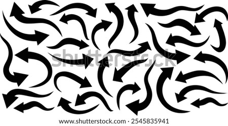 Set of curved arrows isolated on white background. Curved arrows, hand drawn curved arrows. Collection of pointers. Vector illustration 