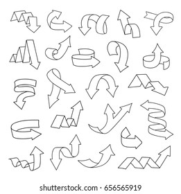 Set of curved arrows. Left, right, up, down, increase, decrease. Vector illustration. Hand-drawn style.