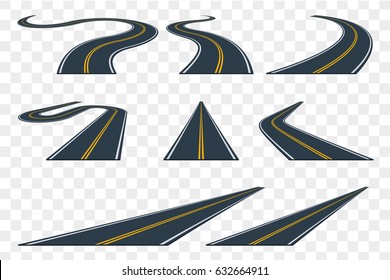 Set of curved asphalt road in perspective. Highway icons. Vector illustration.