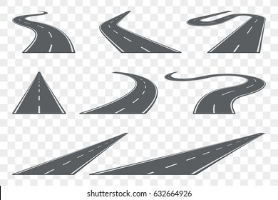 Set of curved asphalt road in perspective. Highway icons. Vector illustration.