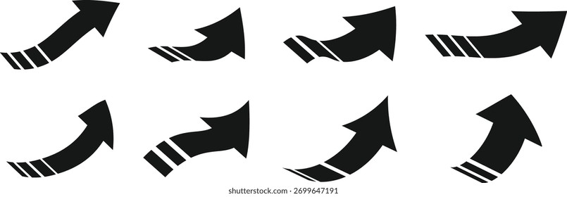 Conjunto de Vectores curvos de flecha negra que representan la dirección y el movimiento, perfecto para iconos de navegación, diagramas de flujo o ilustraciones de proceso.