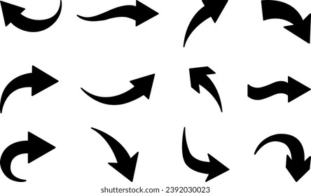 Set of Curved Black Arrows. Different Arrow Icons with Bends in Different Directions. Cursor. Collection of Vector Arrows.