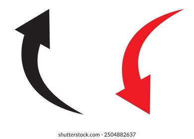 Set of Curved Black Arrows. Different Arrow Icons with Bends in Different Directions. Cursor. Collection of Vector Arrows.