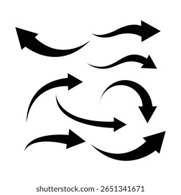Set of curved black arrows on a white background. Vector illustration of hand-drawn arrows for infographic, presentation, navigation, and direction purposes. Ideal for commercial use.
